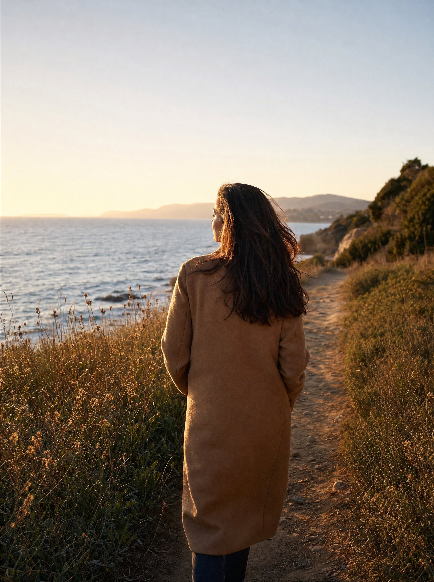 A woman walking alone along a sunlit coastal path