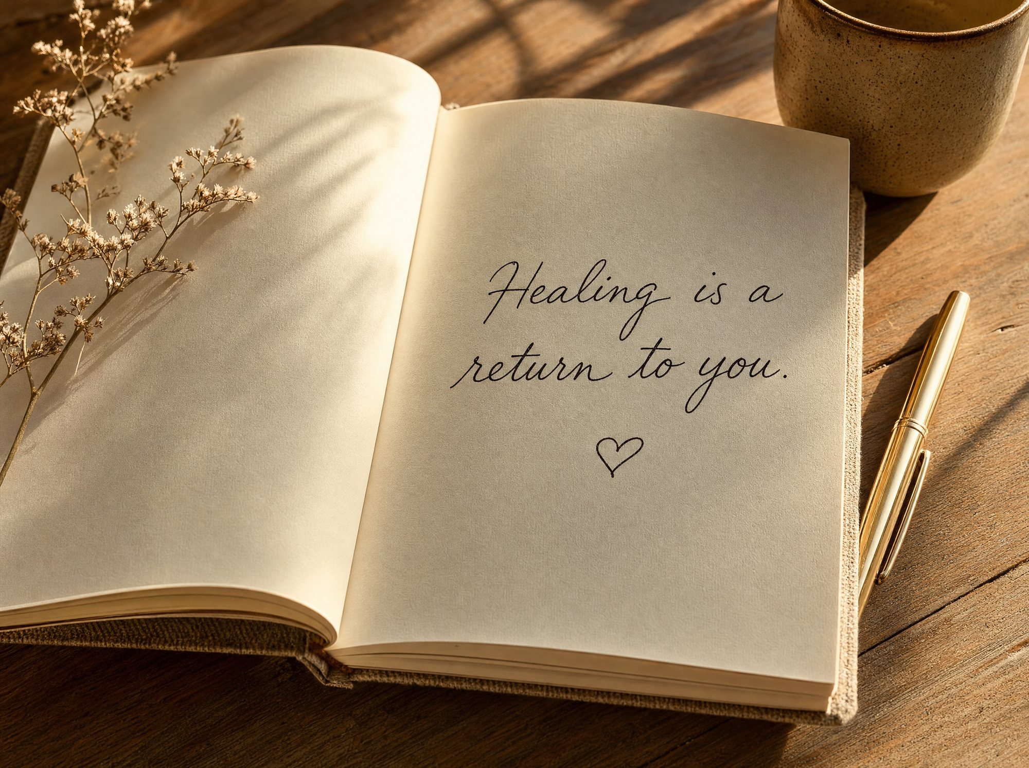 An open journal with the words Healing is a return to you handwritten on the page