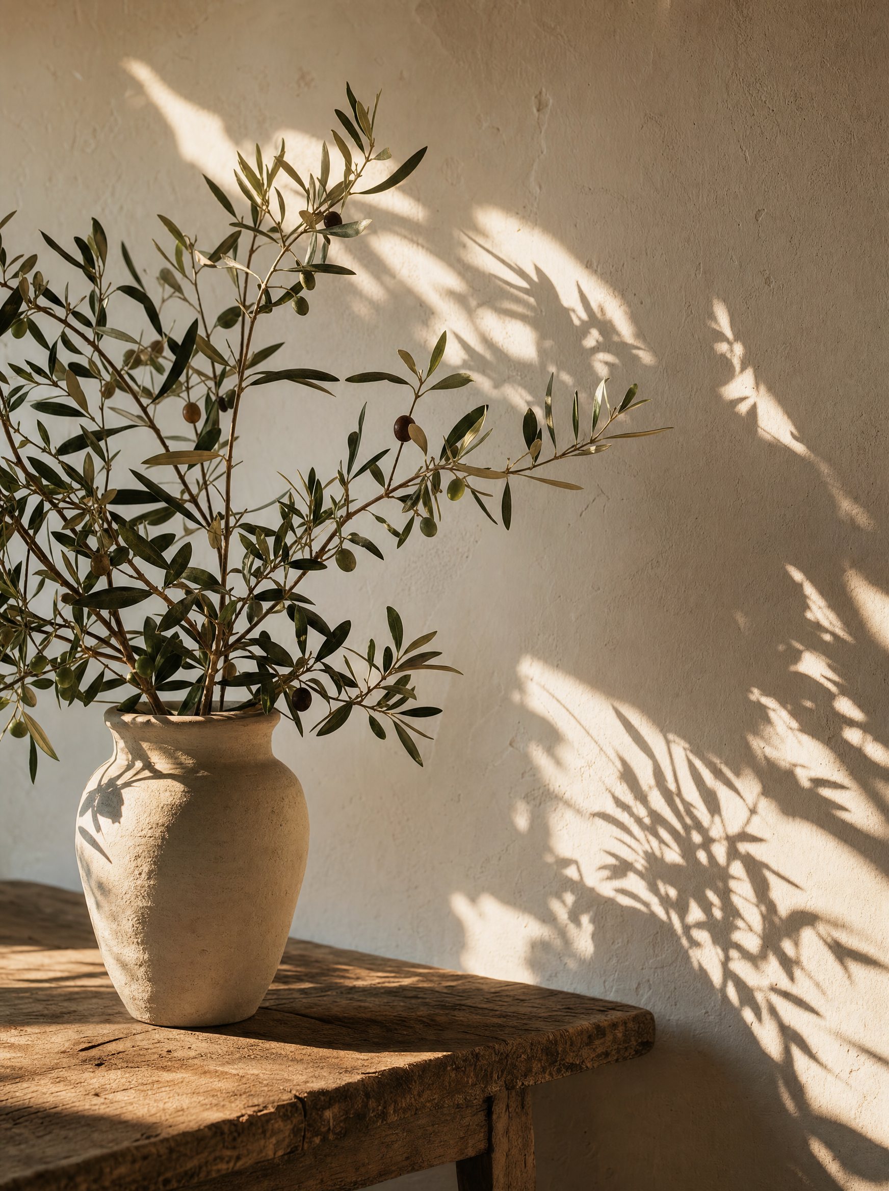 An olive branch casting leaf shadows on a warm plaster wall