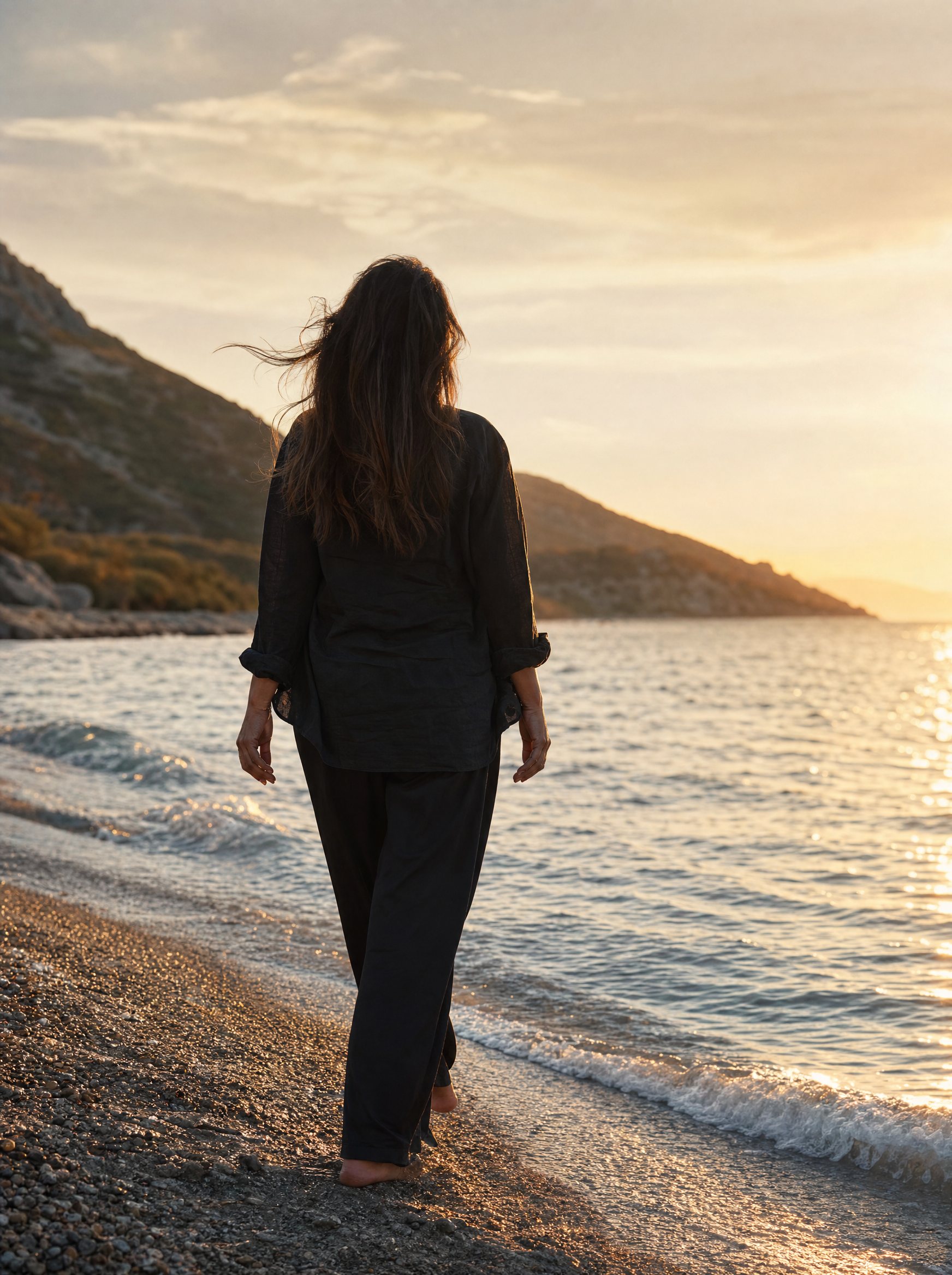 A woman walking a quiet shoreline at sunrise